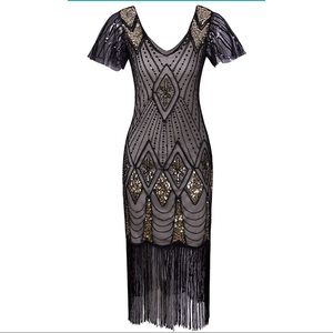 1920s Gatsby Flapper Dress Beige / Gold / Black